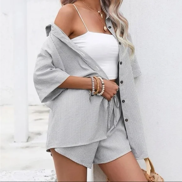 【KOOLOSET】Daily Season Stripe Knit Striped oversized Button Down Shirt shorts set